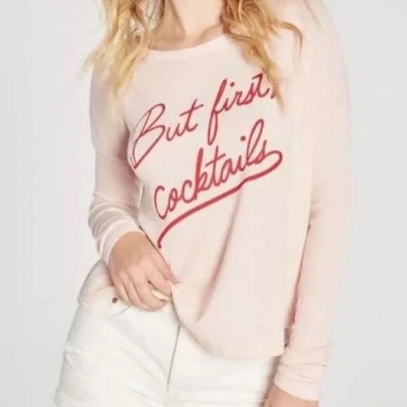 Wildfox Pink But First Cocktails Pullover Soft Sweatshirt - Picture 3 of 16
